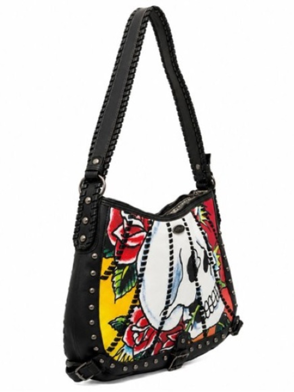 Ed Hardy Graphic Print Studded faux Leather Shoulder Bag Skulls Roses NWT - Picture 2 of 16
